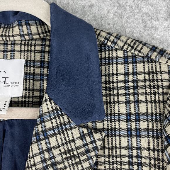 Susan Graver Tailored Jacquard Knit Blazer Women Medium Plaid Elbow Patch Career - Picture 12 of 16